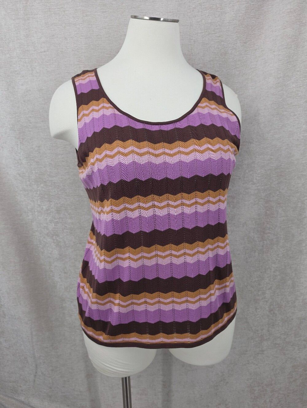 August Silk Sleeveless Knit Zigzag Chevron Stripe Tank Top in Purple and Brown